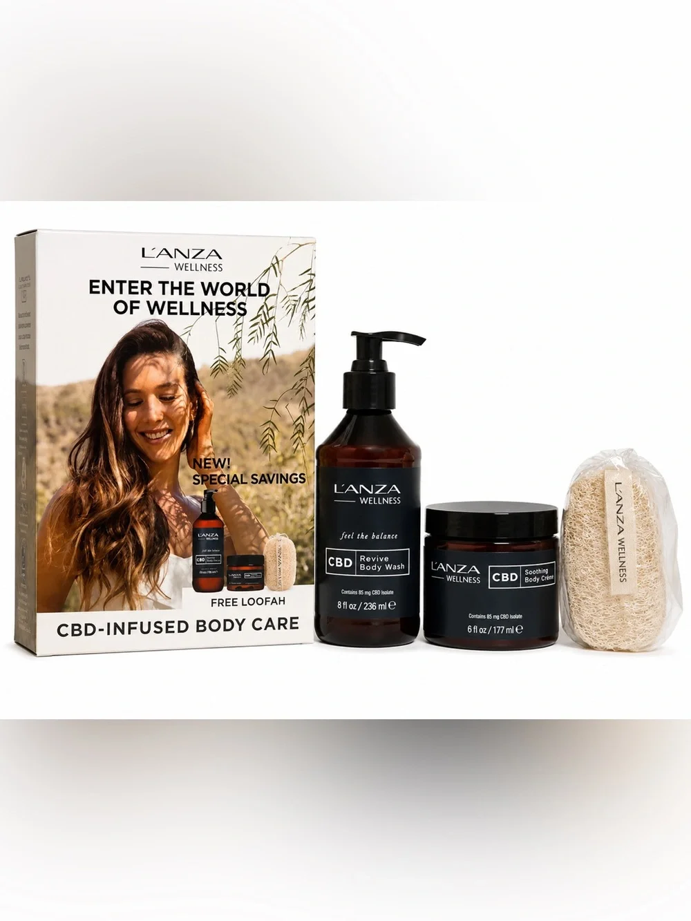 L’ANZA Wellness CBD Body Care Gift Set Body Wash Body Creme & Loofah New